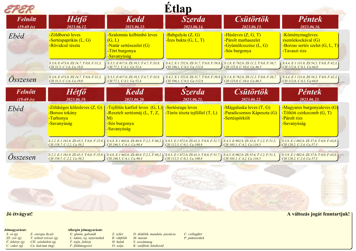Étlap 2023. júnis 12-től 2023. június 23-ig