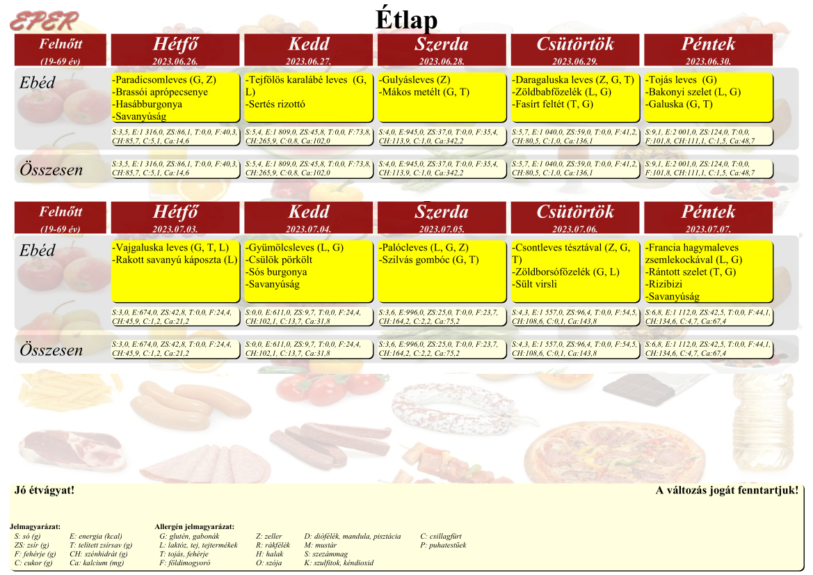 Étlap 2023. június 26-tól 2023. július 7-ig