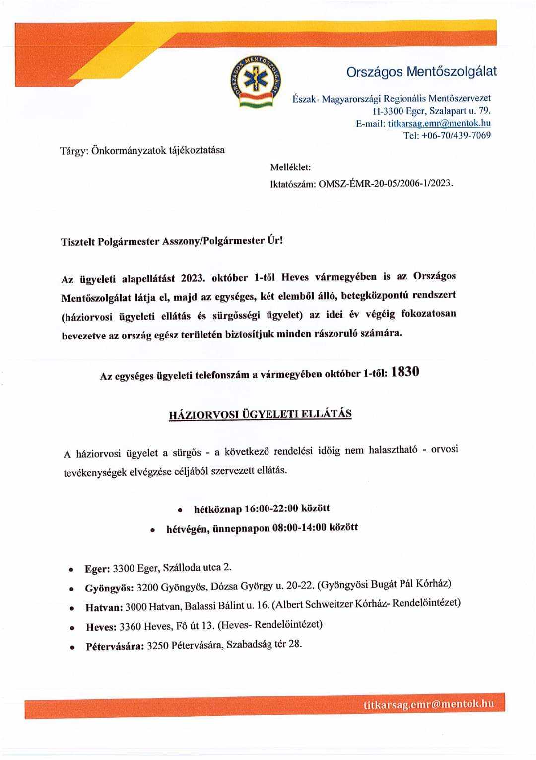 Orvosi ügyelet felhívás 1.